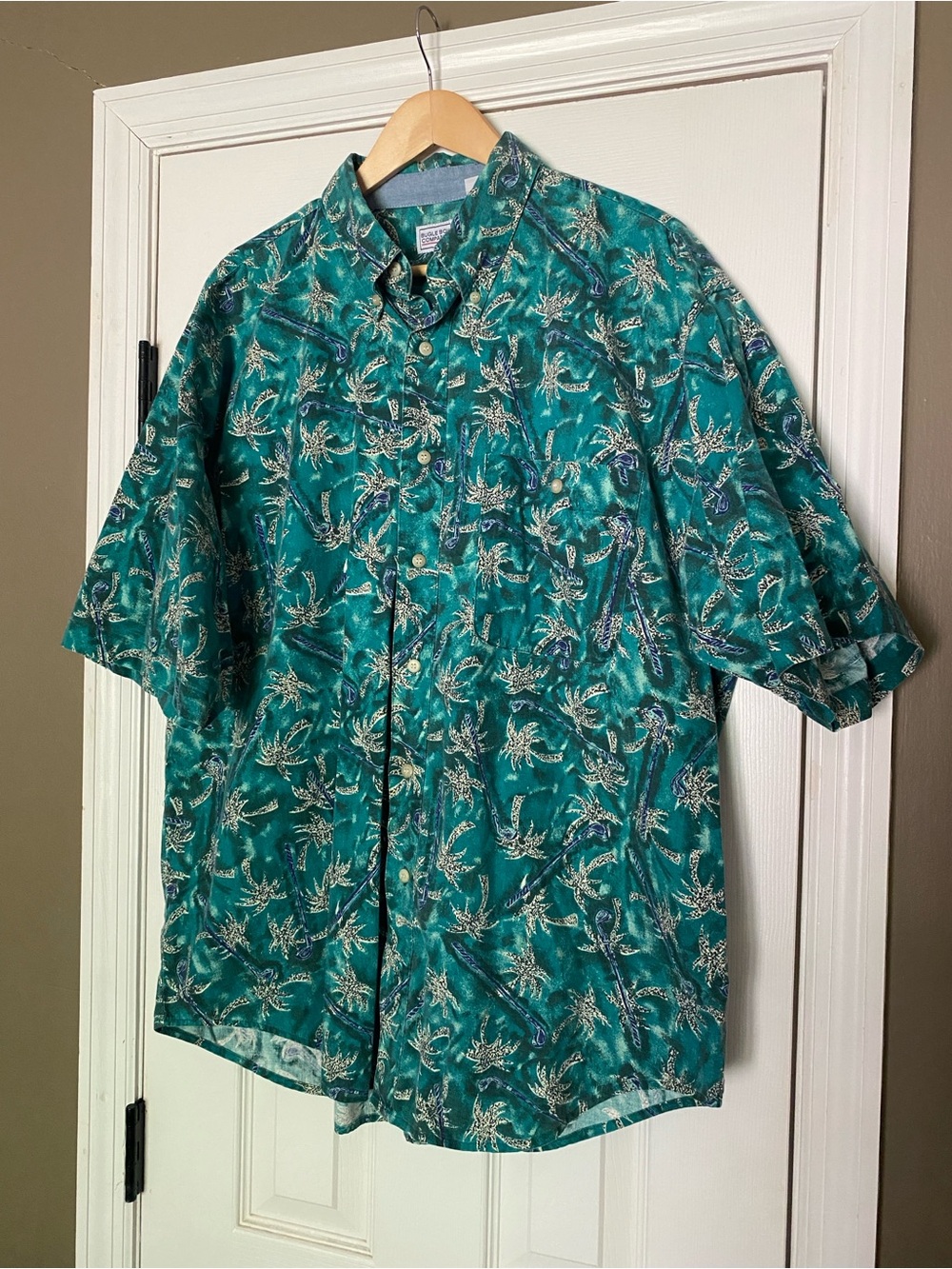 Vintage Bugle Boy Men's Teal Tropical Short-Sleeve Button-Up Shirt - size XL